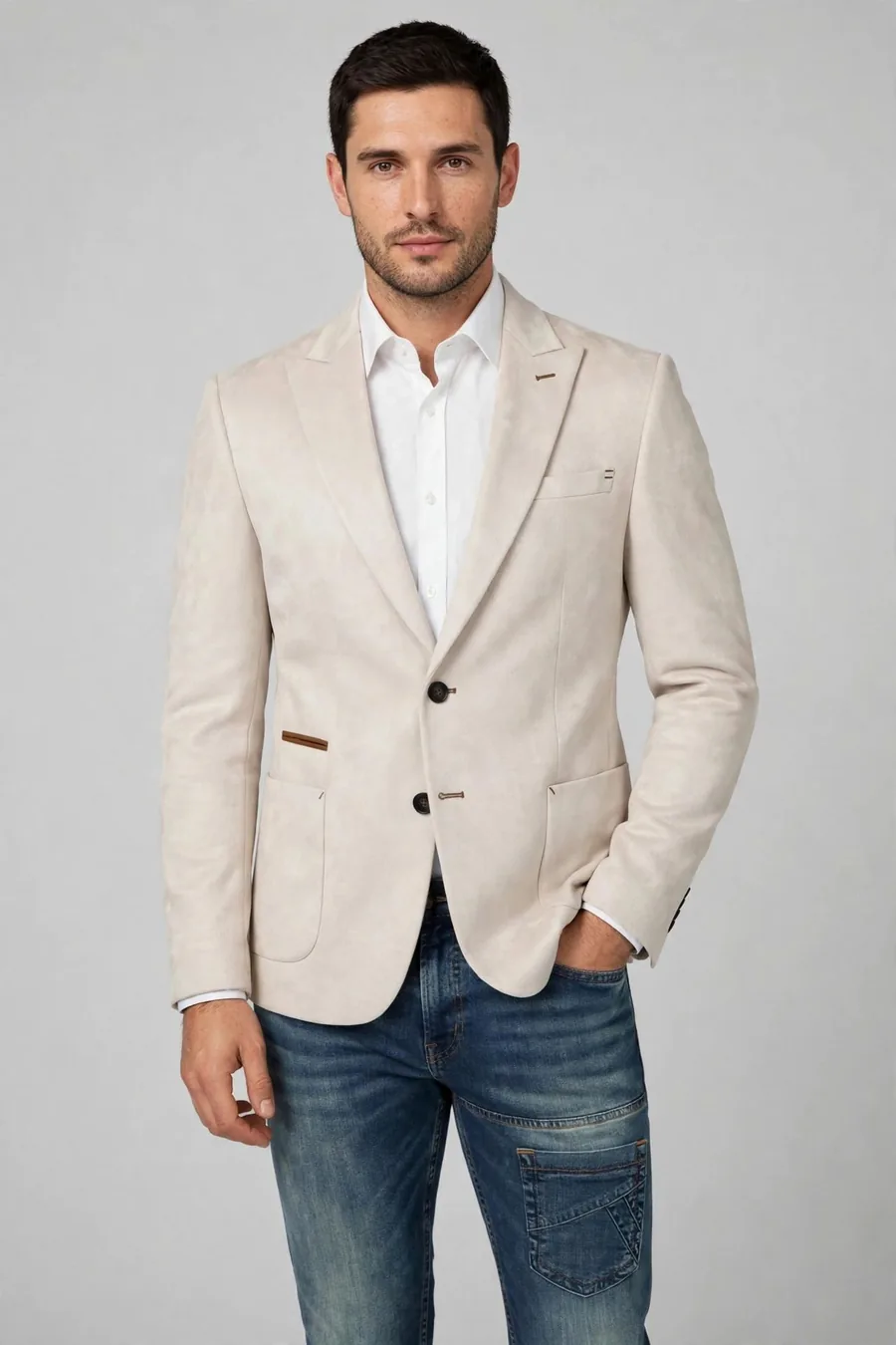Model wearing a cream poly-viscose blazer
