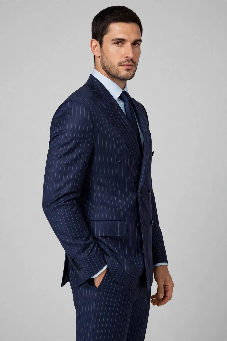 Model wearing a navy pinstripe wool suit