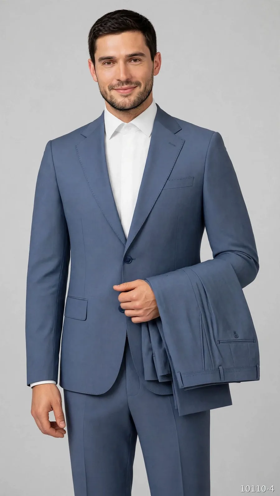 Model wearing a steel blue wool suit