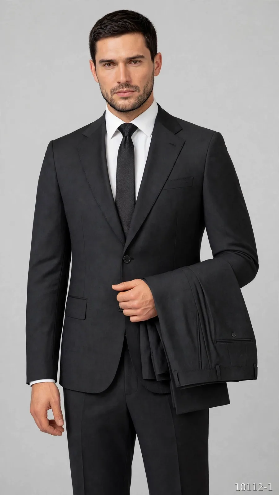 Model wearing a black wool suit