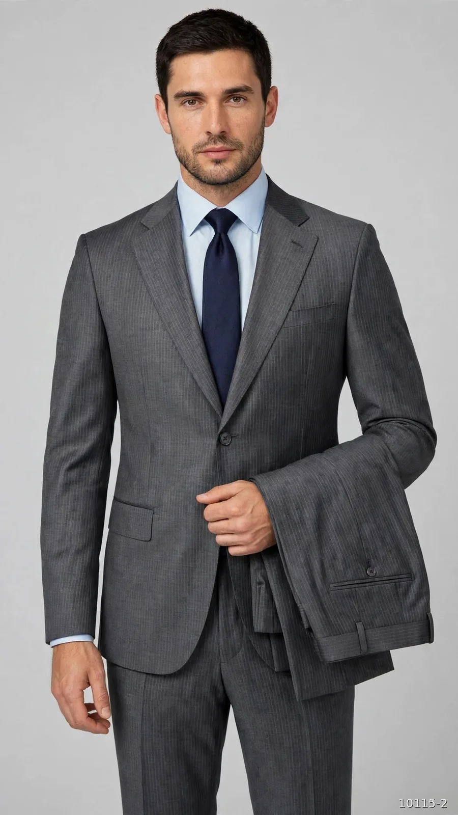 Model wearing a charcoal pinstripe wool suit