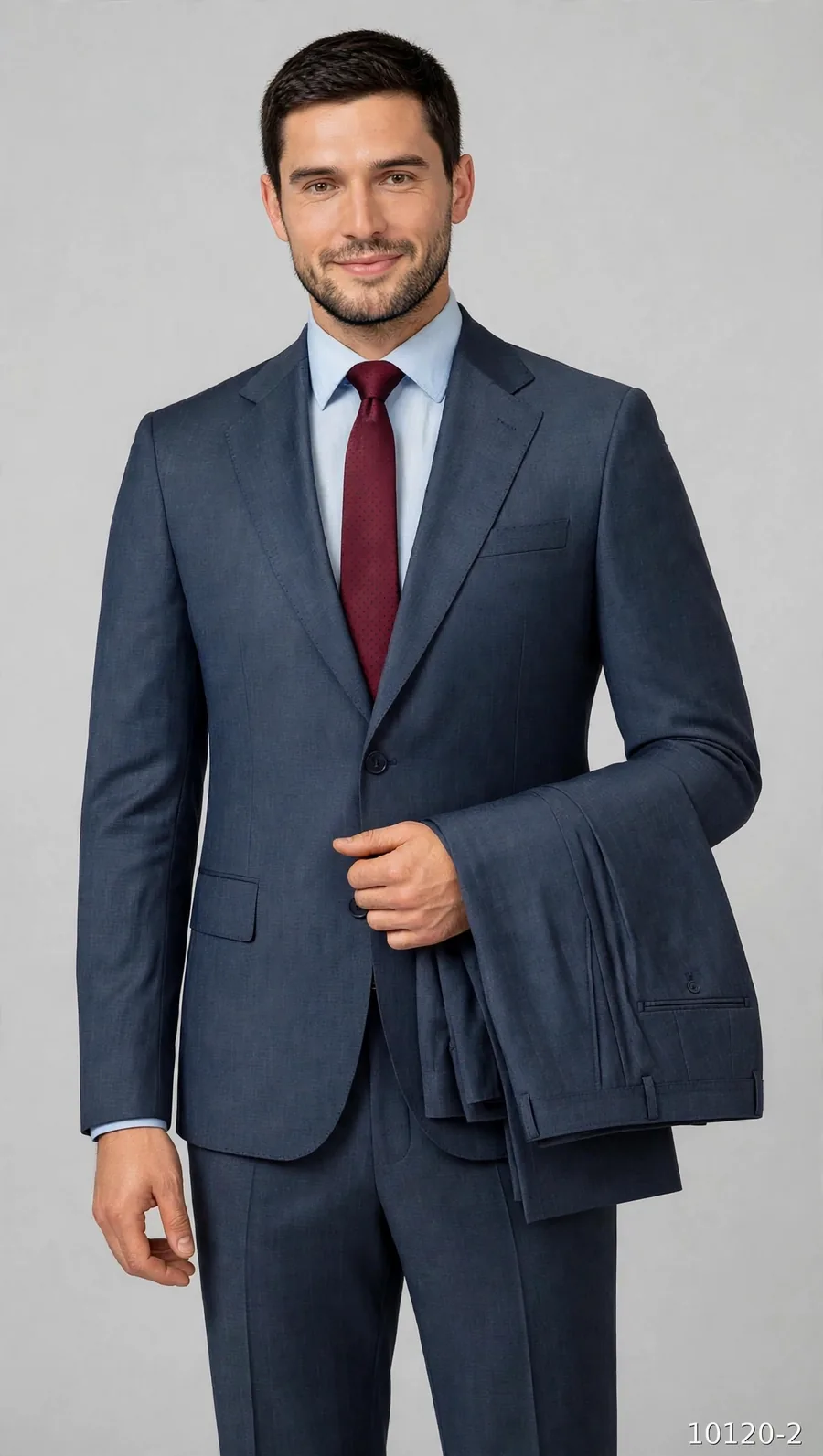 Model wearing a navy wool suit