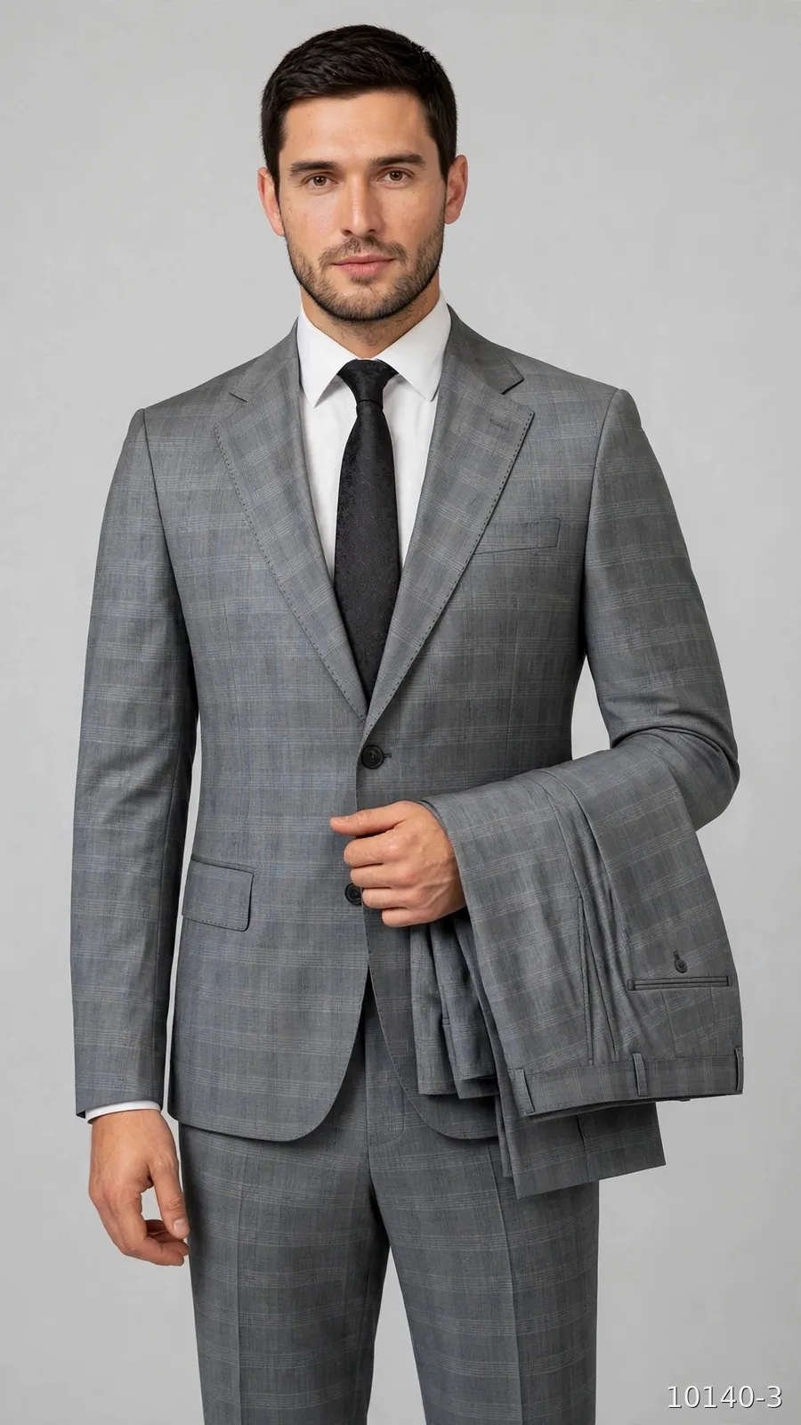 Model wearing a grey check wool suit