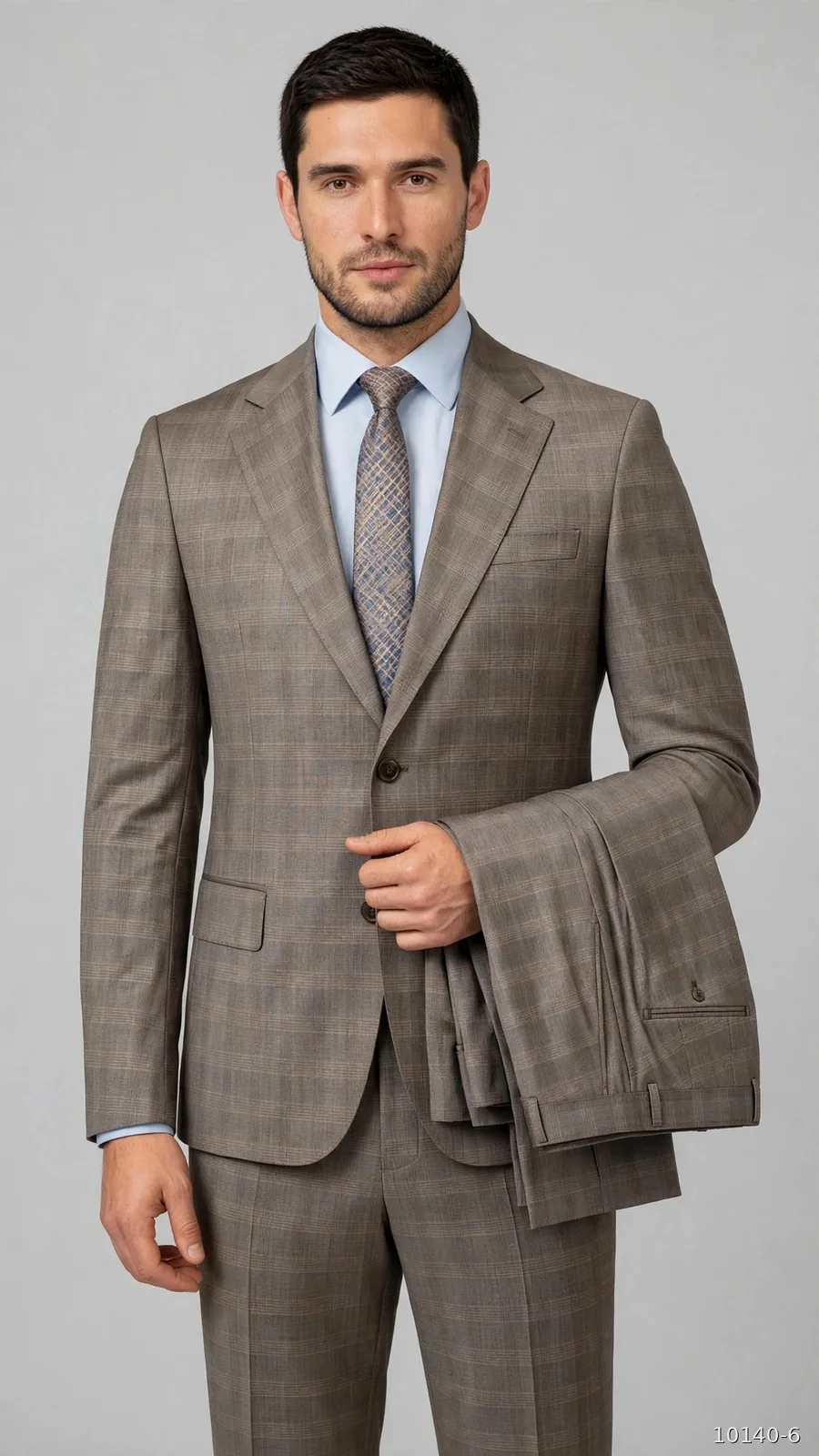 Model wearing a taupe check wool suit