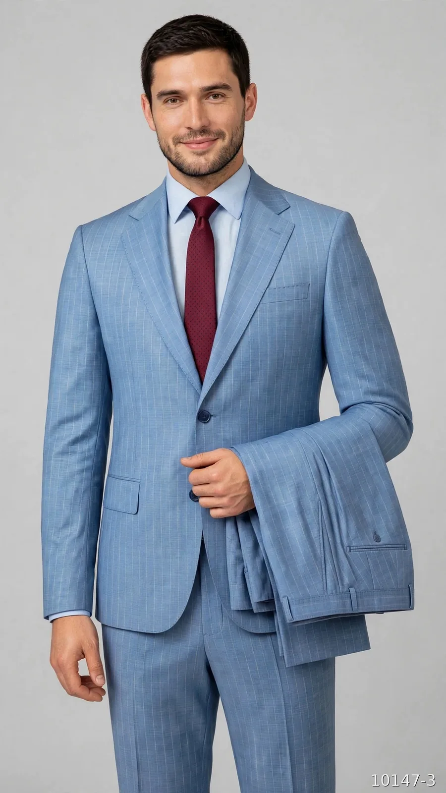 Model wearing a sky blue pinstripe wool suit